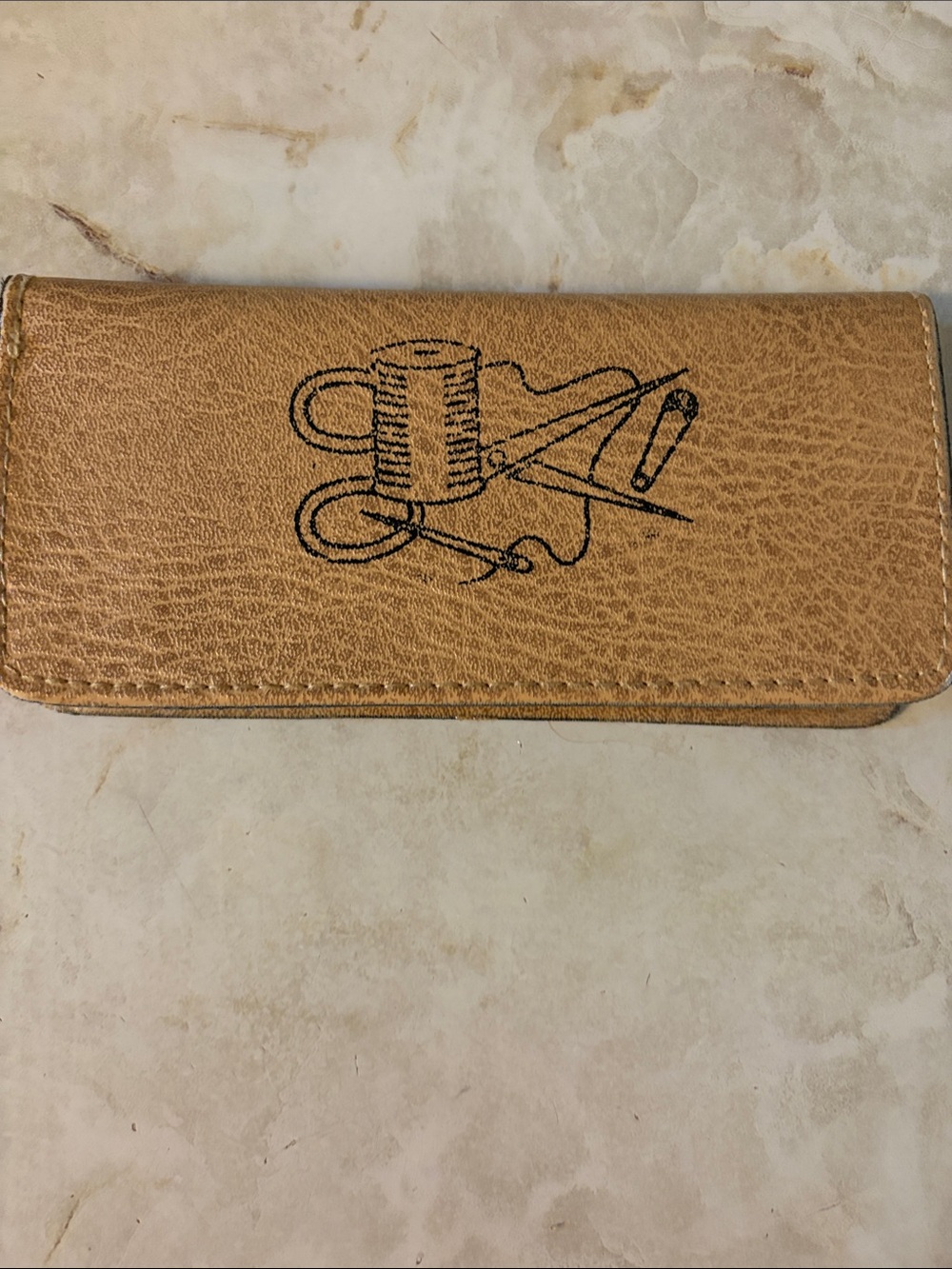 Vintage Travel Sewing Kit Set Wallet 7x3" Snap Closure Brown faux Leather
